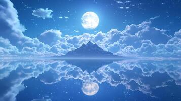 A serene night scene featuring a moonlit mountain and reflective water. photo