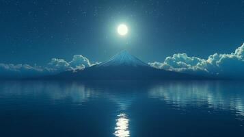 A serene night scene featuring a mountain and moonlit reflection on water. photo