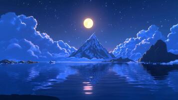 A serene night scene featuring a mountain and moonlit reflection. photo