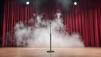 A microphone on stage with red curtains and smoke, ready for performance. photo