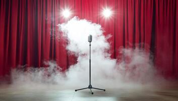 A microphone on stage with dramatic lighting and smoke effects. photo