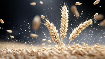 Close-up of wheat stalks with grains scattering in a dramatic setting. photo