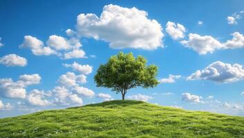 A lone tree on a hill with blue sky and clouds photo