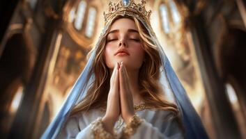 A serene figure in prayer, adorned with a crown and flowing robes. photo