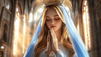 A serene figure in prayer, adorned with a crown and veil in a cathedral. photo