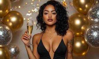 A woman in a black dress holds a champagne glass at a festive event. photo