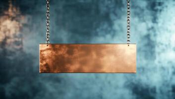 A blank metallic sign hanging in a smoky blue environment. photo