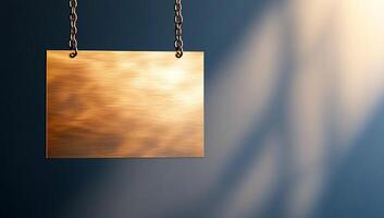 A hanging metallic sign against a gradient background, softly lit. photo