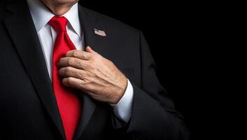 A man in a suit and red tie adjusting his tie photo