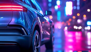 The rear end of a car is shown in a city at night photo