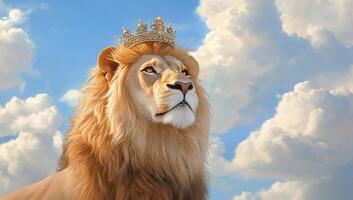 A majestic lion wearing a crown against a backdrop of fluffy clouds. photo