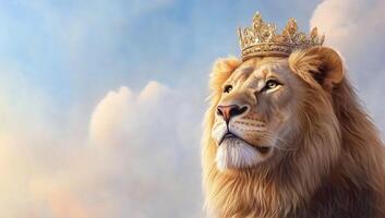 A majestic lion wearing a crown, symbolizing strength and royalty. photo
