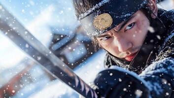 A focused warrior in snow, preparing for battle with a sword. photo
