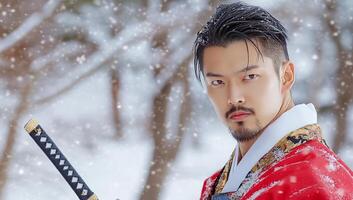 A man in traditional attire stands in a snowy landscape, holding a sword. photo