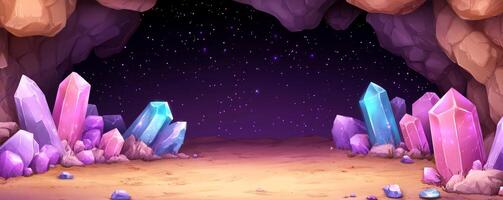 A colorful cave scene with crystal formations and a starry background. photo