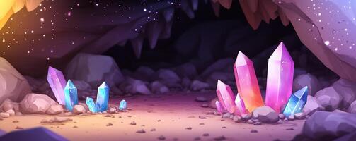 A vibrant cave scene with colorful crystals and a starry backdrop. photo