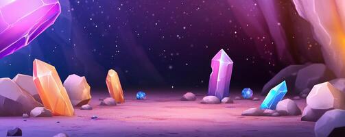 A vibrant crystal cave scene with colorful gems and a starry backdrop. photo