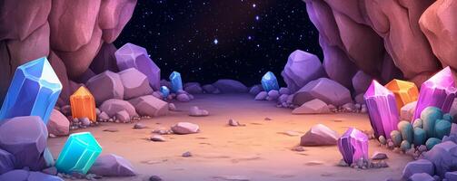 A vibrant cave filled with colorful crystals and a starry background. photo