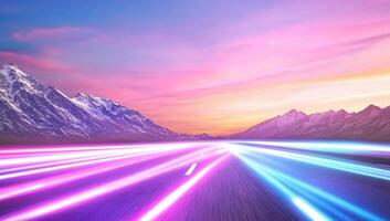 A vibrant landscape with a glowing road and mountains at sunset. photo