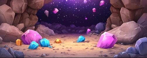 A cave-like setting with colorful crystals under a starry sky. photo