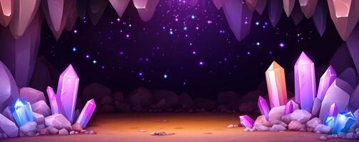 A colorful crystal cave with a starry background. photo
