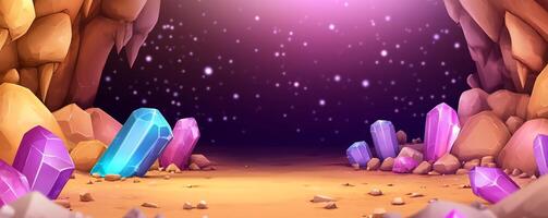 A vibrant cave scene with colorful crystals and a starry background. photo