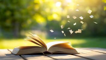 An open book with flying pages in a sunlit outdoor setting. photo