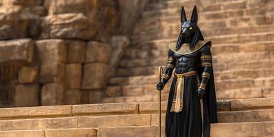 A stylized figure of Anubis stands on ancient stone steps. photo
