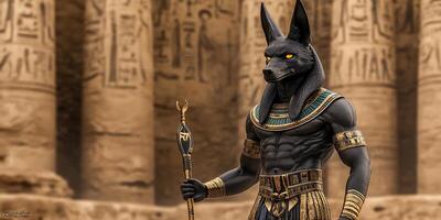 Anubis figure in ancient Egyptian setting, showcasing mythology and culture. photo