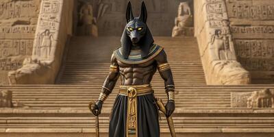 A muscular figure with an Anubis head stands before ancient Egyptian architecture. photo