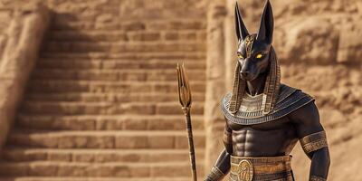 Anubis, the god of death, is standing in front of a stone wall photo
