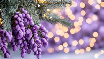 Purple decorative elements with lights, creating a festive atmosphere. photo