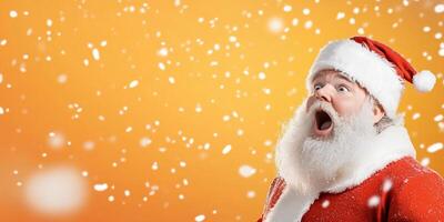 A surprised Santa Claus in a snowy scene with a festive background. photo
