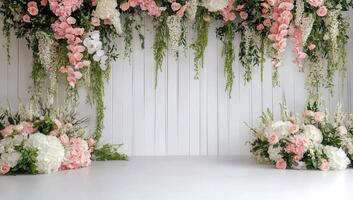 Elegant floral arrangement with pink and white flowers on a backdrop. photo