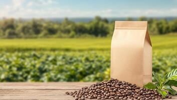 Coffee beans and bag on wooden table with field background photo