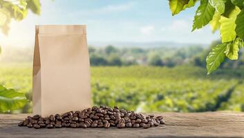 Coffee beans in a paper bag on a wooden table with green leaves photo