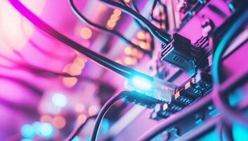 Close up of a computer with wires and cables photo