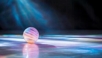 A colorful glass sphere rests on a reflective surface with soft lighting. photo
