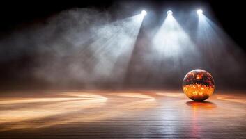 A reflective disco ball illuminated by spotlight beams in a smoky space. photo