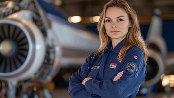 A confident woman in a blue jumpsuit stands in front of an aircraft engine. photo