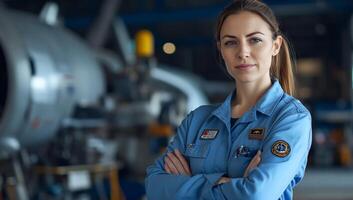 A confident woman in a uniform stands in an industrial setting. photo
