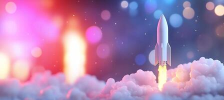 A rocket launching into a colorful, dreamy space environment. photo