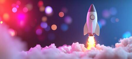 A rocket launching amidst colorful clouds and lights. photo