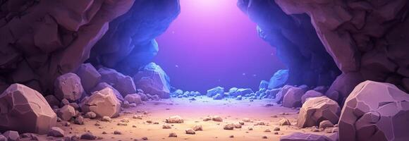 An image of a cave with rocks and a light at the end photo