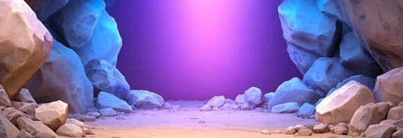An animated cave with rocks and a light at the end photo