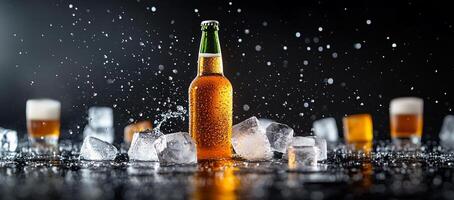 A bottle of beer and ice cubes on a black background photo