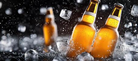 Two beer bottles are in the water with ice photo