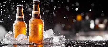 Two beer bottles with ice on a black background photo