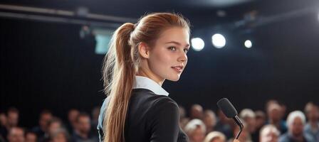 A woman is giving a speech in front of a crowd photo