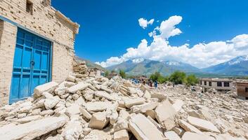 A scene of destruction from an earthquake in a mountainous region. photo